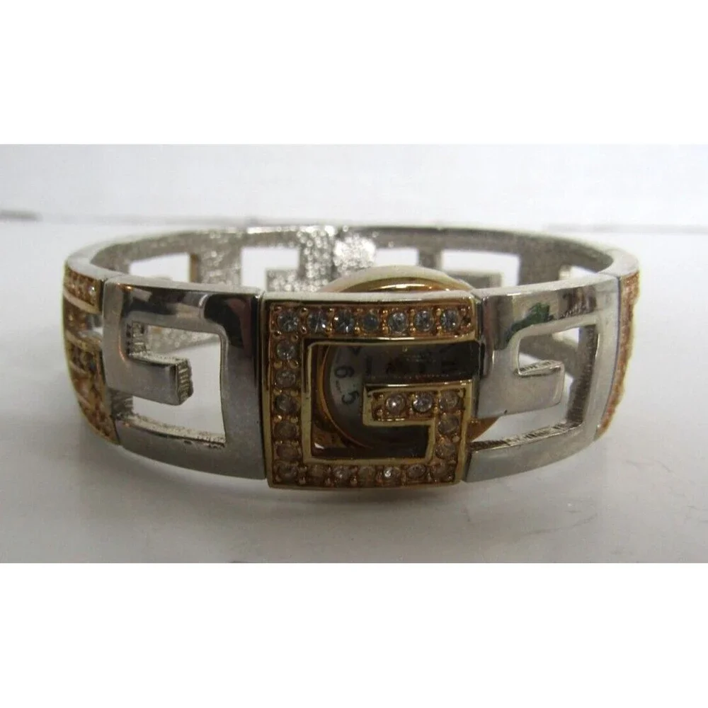 Guess Wrist Watch Vintage Goldtone Silver Rhinestone G Bangle Hidden Face Quartz